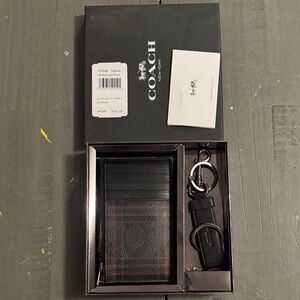 Coach Black and Red Leather Card Holder and Keychain Set